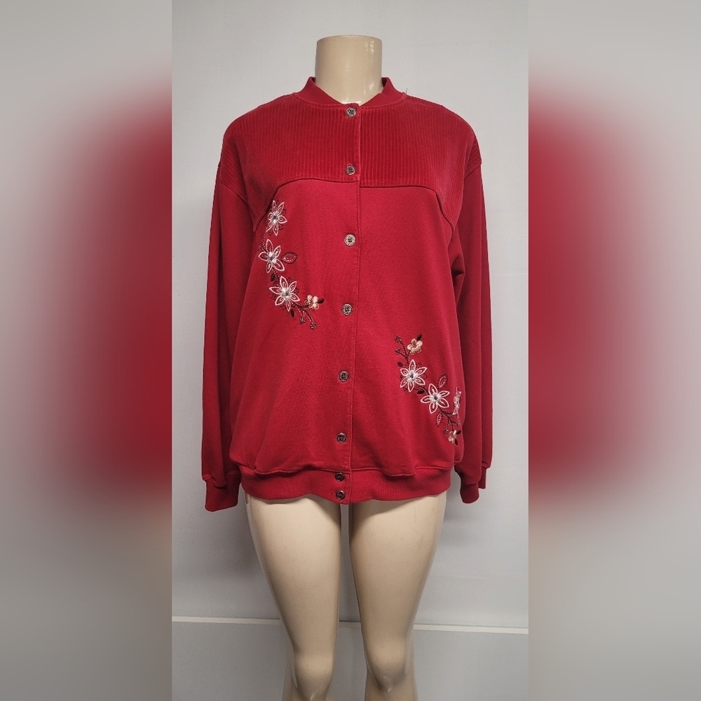 Alfred Dunner Red Button Down Sweater Top Embroidery S